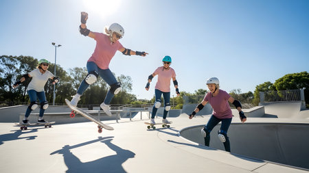 Four women in protective gear skateboarding in a sunny outdoor skatepark with blue skies and trees.の写真素材