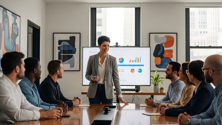 Woman showing woman leading business meeting presentation in modern office with. resolution...