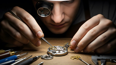A watchmaker's hands are focused on assembling a complex watch movement, using tweezers and a...