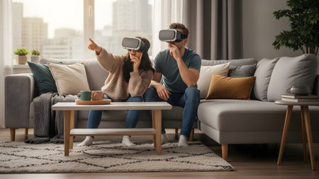 Woman showing woman wearing vr headset pointing while man looks on thoughtfully in a living room...の写真素材