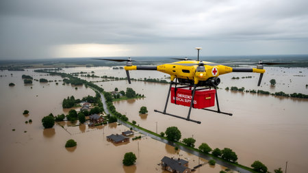 Flying showing yellow emergency drone with red medical supplies box flying over flooded...