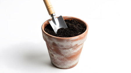 Dark showing terracotta pot filled with dark soil and metal trowel with wooden handle on white...の写真素材