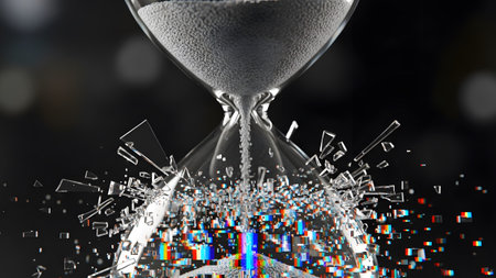 Glitch showing shattering hourglass with glitch effect and fragmented glass pieces.の写真素材
