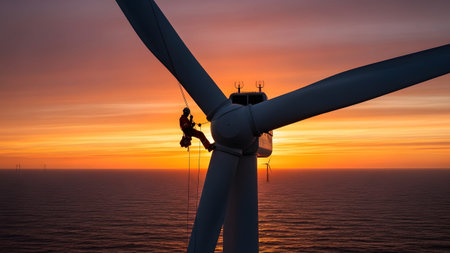 Wind showing technician rappels down offshore wind turbine blade at sunset over calm ocean...