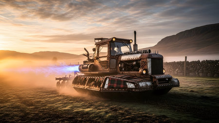 Sunrise showing steampunk tractor hovering in misty field emitting blue exhaust during sunrise....