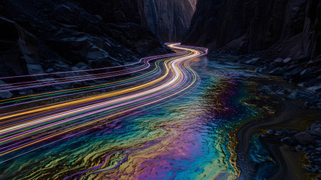 Dark showing light trails on a river with iridescent oil slick colors in a dark canyon.の写真素材