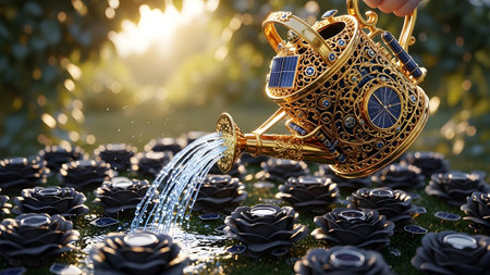 A detailed golden watering can with solar panels pours water onto dark roses in a bright, sunlit...の写真素材