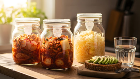 Fermented showing three glass jars filled with fermented foods kimchi and sauerkraut next to...