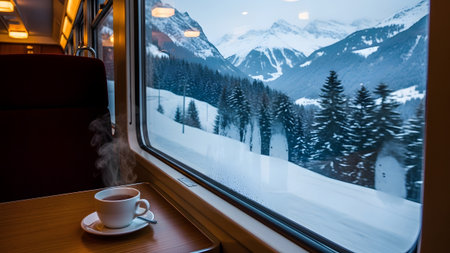 Mountain showing steaming cup of tea on a train table overlooking a snow-covered mountain...