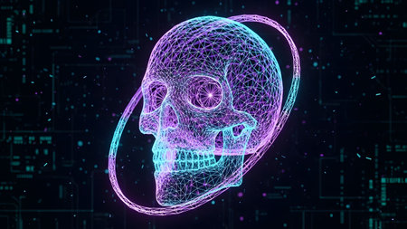 Ring showing side view of a wireframe skull with neon ring and digital background particles....