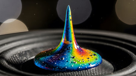 Bokeh showing rainbow colored liquid drop forming a sharp peak on a speaker cone with bokeh...の写真素材