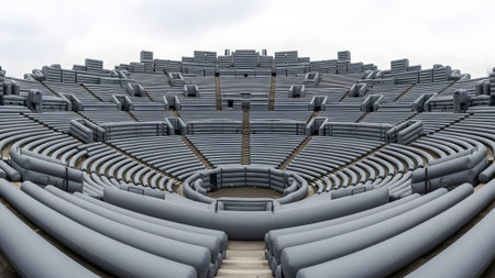 Tiered showing inflatable amphitheater seating structure with circular stage area and tiered...