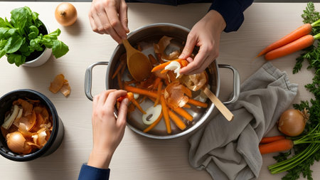 Waste showing overhead view of hands preparing vegetable scraps for broth in a pot