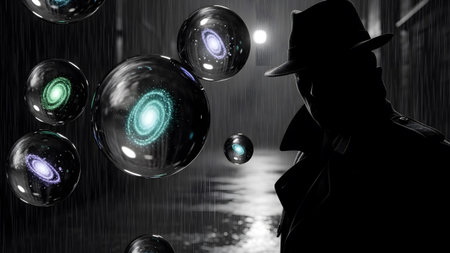 A silhouetted man in a fedora watches glowing galaxies within glass spheres on a wet, dark street.