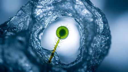 A microscopic green spherical organism with fine hairs grows on a thin stem, enclosed within a...の写真素材