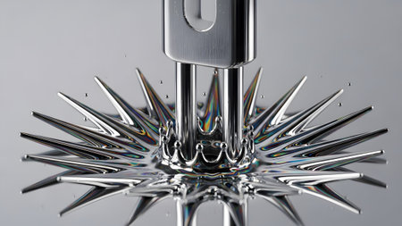 A metal interacts with ferrofluid, creating a sharp starburst pattern with iridescent,...