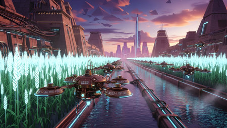 Sci-fi showing futuristic farming drones hover over glowing crops and water channels in a sci-fi landscape.の写真素材