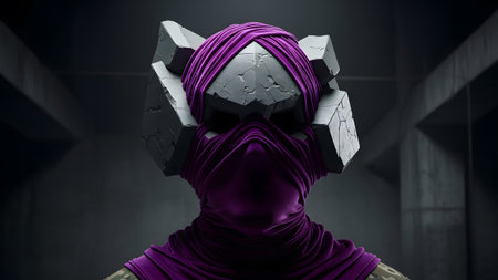 A close-up portrait of a mysterious figure wearing a vibrant purple fabric mask and a textured...