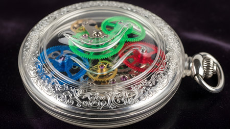 A detailed close-up of a transparent pocket watch showcasing colorful gears and an ornate silver...