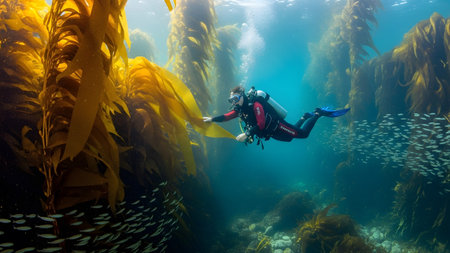 Scuba diver touching kelp fronds in a sunlit underwater forest with schools of fish.の写真素材