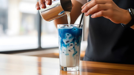 A barista pours white milk into a tall glass filled with blue liquid and ice cubes, creating swirls.の写真素材