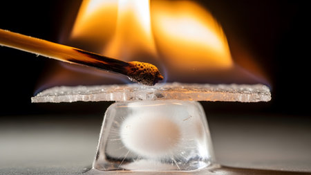 Dark showing match igniting ice and melting thin sheet with bright flame and dark background.の写真素材