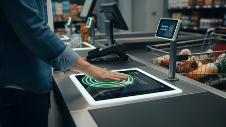 A person's hand interacts with a self-checkout screen showing a green payment approved...の写真素材