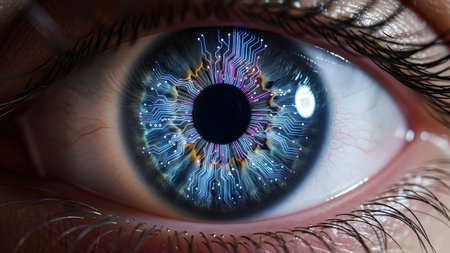 Circuitry showing human eye with futuristic digital circuitry iris overlay and purple accents....