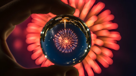 Display showing hand holding a clear glass orb reflecting a fiery red and orange fireworks...の写真素材