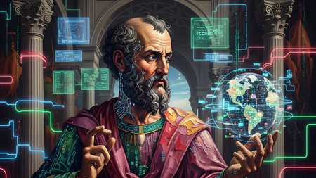 Beard showing ancient philosopher with beard and robes interacting with a holographic globe and...