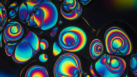 Dark showing close-up of iridescent swirling shapes with rainbow colors against a dark...