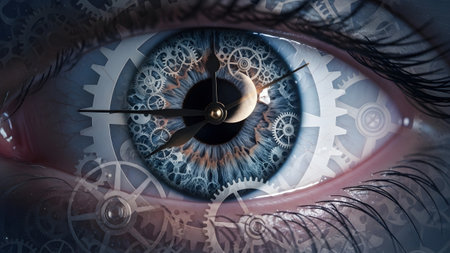 Dark showing human eye with blue iris reflecting clockwork gears and clock hands against a dark,...の写真素材