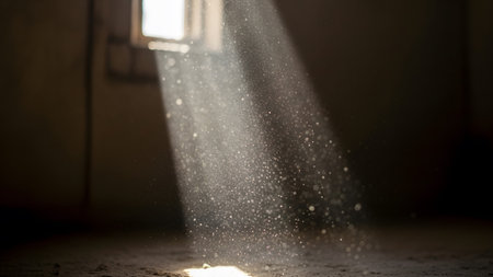 Window showing sunlight streams through a window, illuminating dust particles floating in the...の写真素材