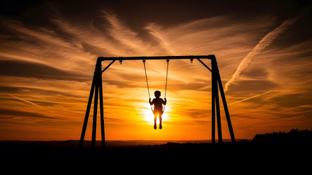 Silhouette of a child on a swing against a fiery orange sunset sky with wispy clouds....