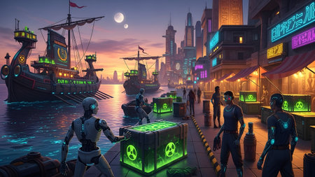 A futuristic port city at sunset with robots loading glowing green cargo crates onto ships.の写真素材