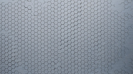 A repeating hexagonal pattern on a brushed metal surface fades gradually, creating a textured...
