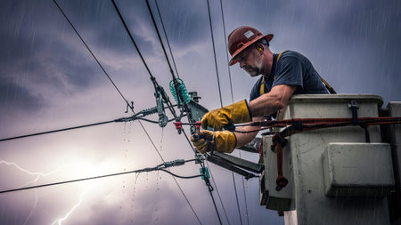 (2772) showing lineman wearing yellow gloves working on power lines with lightning in the...の写真素材