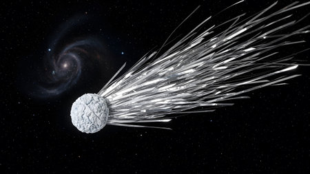 A silver comet with a textured sphere and long metallic tail floats in deep space near a distant...