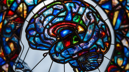 A human brain depicted as a stained glass window with cosmic imagery and a bright sky behind it.の写真素材