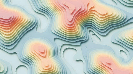 A soft pastel abstract topographic landscape wavy layers of pink, orange, yellow, and blue hues.