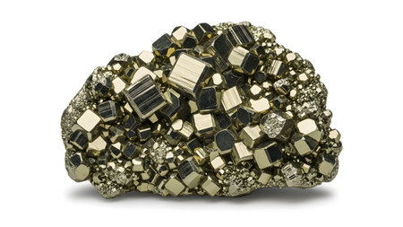 Numerous golden cubic pyrite crystals form a dense cluster on a white background, highlighting...