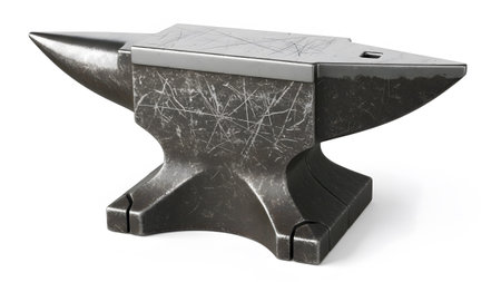 Heavy showing a heavy dark gray metal anvil with a shiny silver edge and many scratches on its...