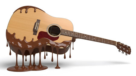 An acoustic guitar lies horizontally, with rich brown chocolate melting and dripping from its...
