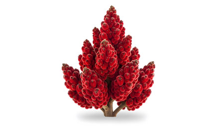 A large, prominent fuzzy red staghorn sumac cluster with multiple branches is isolated on a...