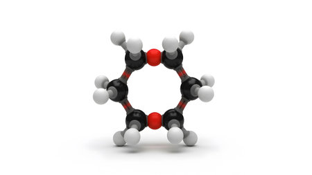 Attached. showing 3d molecular model of a cyclic organic compound with red oxygen atoms and...