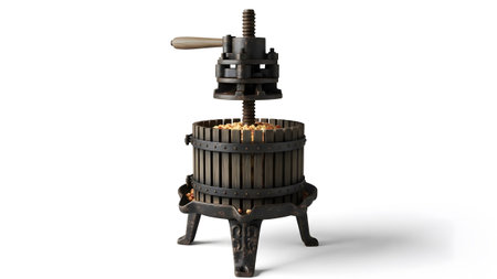 Base showing antique wooden fruit press with crank handle and metal base on white background....