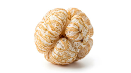 A single puffed quinoa grain intricate light brown and white textured patterns against a white...