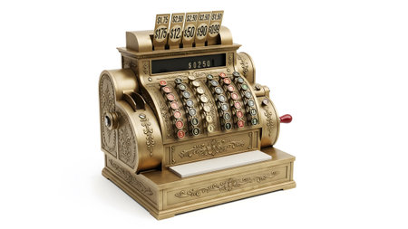 Brass showing antique brass cash register with ornate detailing and price indicators on white...