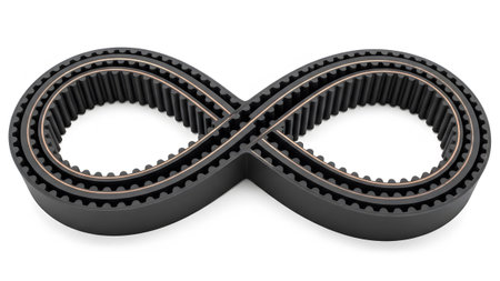 A black rubber timing belt shaped into an infinity symbol with visible metallic copper...