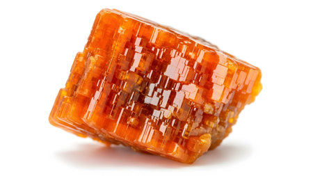 A close-up of a bright orange wulfenite crystal cluster showcasing its sharp geometric facets...